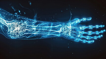 Glowing Blue Human Arm and Hand Skeleton.