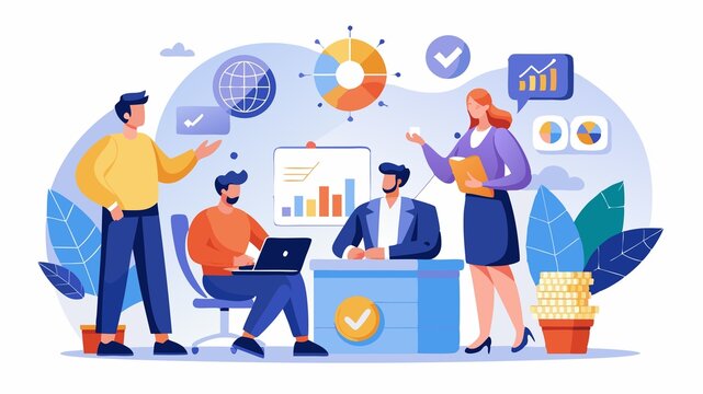 Overcoming challenges and seizing opportunities. This scene portrays consultants discussing potential risks and rewards, highlighting the ability to navigate complex business environments.