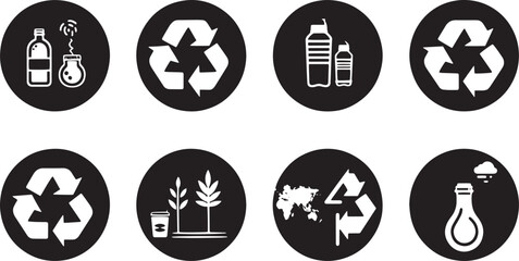 A clean vector icon set including a clean energy, recycling, global warming awareness, and organic products .icons in black and white style with isolated on white