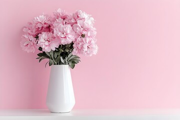 Fototapeta premium Fresh bouquet of pink flowers in vase on white shelf on pink wall background. Floral home decor