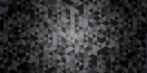 Geometric black and gray background seamless mosaic and low polygon triangle texture wallpaper. Triangle shape retro wall grid pattern geometric ornament tile vector square element.