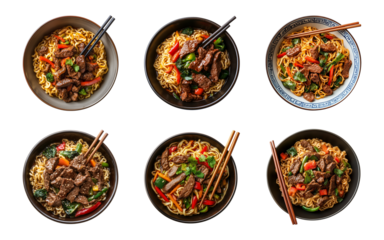 noodles with beef and vegetables in a bowl with chopsticks isolated on a transparent or white background, cut-out, top view, PNG