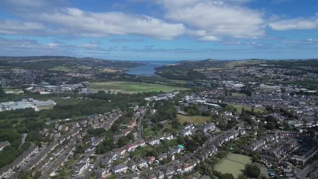 Newton Abbot, South Devon, England: DRONE VIEWS: Northern section of Newton Abbot, houses, factories, Newton Abbot racecourse and the River Teign. Newton Abbot is a 13th century market town (4).