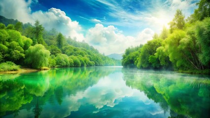 Fototapeta premium Vibrant green hues blend into soft, watery edges in a dreamy watercolor wash, evoking a sense of serenity and freshness in a subtle, ethereal background.
