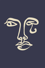 Vertical poster or card with ink wash drawing of abstract female face silhouette on dark background. Monochrome minimalist portrait wall art. Modern trendy fashion sketch of woman head