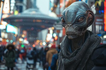 Alien Character Standing in Busy Times Square During Overcast Evening in New York City