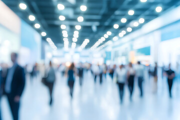 Background of an expo or convention with blurred individuals in an exposition hall. Concept image for an international exhibition, conference center, corporate marketing, 3d rendering, generative ai