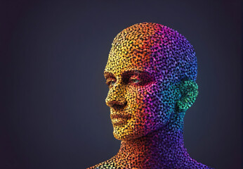 Colorful Abstract Human Figure Created With Tiny Geometric Shapes and Vivid Patterns Against a Dark Background
