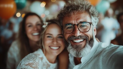 A man with glasses and a beard takes a selfie with two smiling women during a celebration. The scene is filled with joy and vibrant balloons in the background.