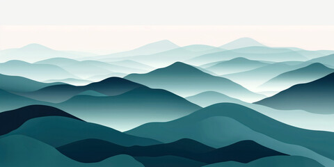 Tranquil Misty Mountain Landscape in Shades of Blue and Green - Abstract Nature Art