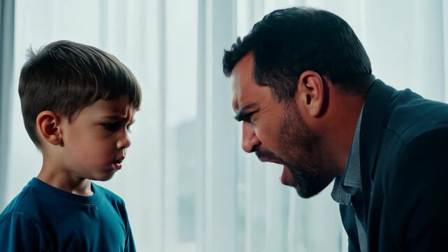 Angry furious father scolds son for pranks. Man yells boy for bad behavior, low grades at school. Little hooligan stands sad. Psychology of raising children. Parent can't cope with child. Unhappy kid.