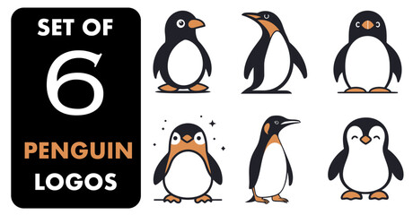 Penguin Logo Set, 6 Unique Designs - Flat Vector Illustration