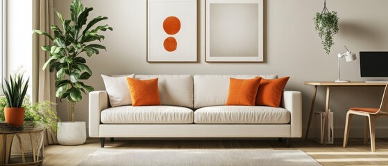 Minimalist Living Room Interior with White Sofa and Orange Accents