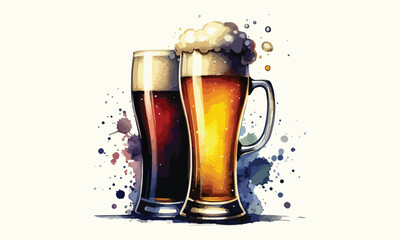 mug beer, free drink, watercolor mugs of beer, alcohol drinks, hand drawn illustration, watercolor mugs of beer