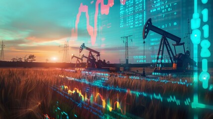 A vibrant sunset casts golden hues over pumpjacks, merging nature with digital elements that symbolize modern energy extraction and technological advancement