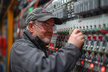 Obraz premium Experienced Technician Working Diligently on Complex Electrical Control Panel in Modern Manufacturing Facility