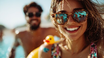 A close-up image of a smiling woman with sunglasses and a man behind her, both enjoying a sunny day at the beach with a rubber duck in hand, capturing the joy of summer fun.