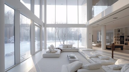 Modern bright interiors 3D rendering illustration. Living room with sea view.