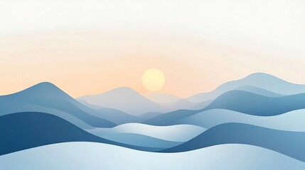 Serene Dawn Over Gradient Hills - Minimalistic Cartoon Style 3D Rendering with Pastel Colors and Sun Rays