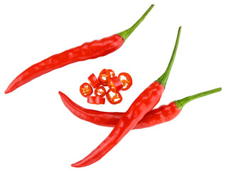 Group of three ripe red hot chili peppers Thai and sliced, isolated on a transparent background....