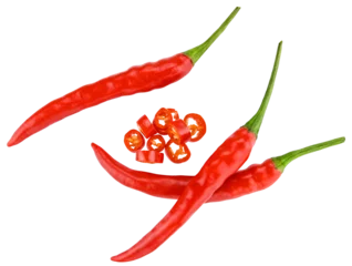 Gardinen Chilischoten Group of three ripe red hot chili peppers Thai and sliced, isolated on a transparent background. Full depth of field.   © gangster9686