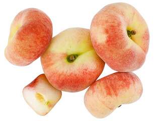 Set Chinese flat peaches isolated on a transparent background. Fig peaches. Top view.