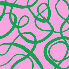 Playful hand drawn pattern, curved green lines of different thickness. Pencil textured lines on pink background, doodle swirls, wavy strokes, crosshatch. Sketch vector illustration.