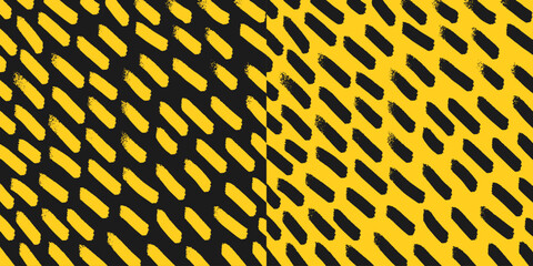 Set of two hand drawn square patterns, chaotic diagonal textured scratches on black and yellow background. Pencil textured strokes and dots, vector sketch.