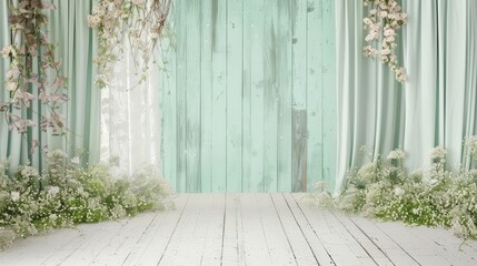 A serene backdrop featuring soft curtains and floral arrangements, ideal for photography or events.