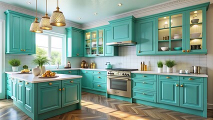Vibrant turquoise painted kitchen cabinets with ornate hardware and creamy countertops create a warm and inviting atmosphere in this stylishly renovated cooking space.