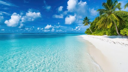 Fototapeta premium Secluded Tropical Beach with Crystal-Clear Turquoise Water and Swaying Palm Trees. AI generated illustration