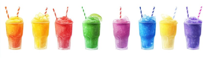 Eight Colorful Slushies in Glasses with Straws