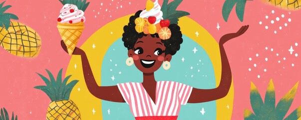Naklejka premium Cheerful woman holding ice cream cone with tropical fruit background