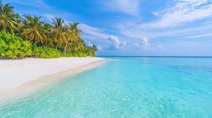 Secluded Tropical Beach with Crystal-Clear Turquoise Water and Swaying Palm Trees. AI generated illustration