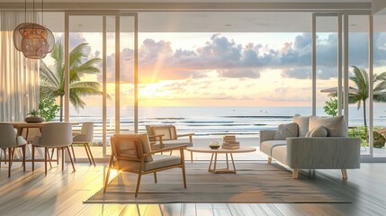 Fototapeta premium Interior view of vacation house with seascape scenic view at sunset