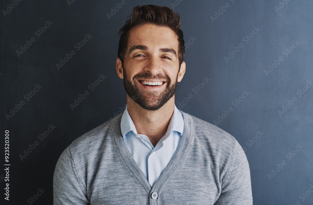 Poster Studio, laugh and businessman in portrait for fashion, casual clothes and confidence for profession. Career, sales person and smile with pride for corporate job, cool style and isolated background