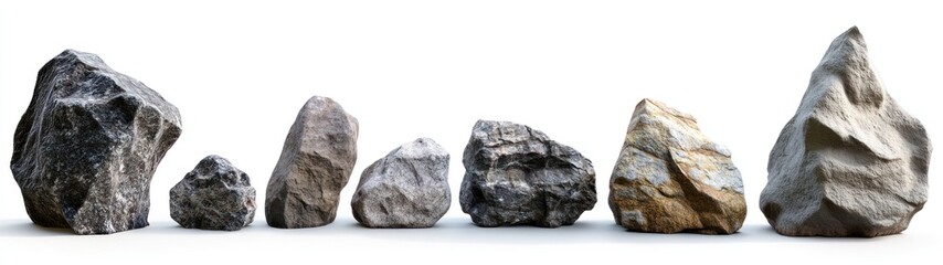 Obraz premium Seven Various-Sized and Colored Rocks Arranged in a Row on White Background