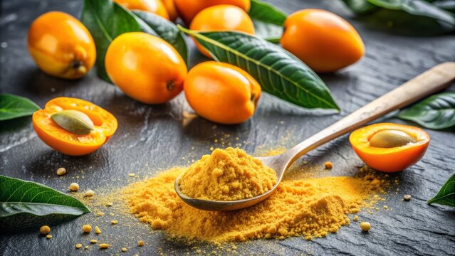 Vibrant yellow-orange lucuma powder spills from a small spoon onto a granite countertop, surrounded by scattered whole lucuma fruits and a few scattered leaves.