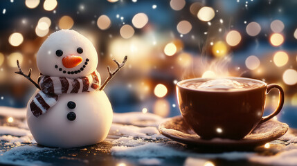 cute funny smiled snowman next to a cup of coffee / cappuccino / hot chocolate with whipped cream; hot drink in magical winter scenery; bokeh effect; copy space