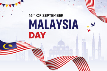 Malaysia Flag Waving On Skyline Background. Independence Day Concept Design Vector Illustration.