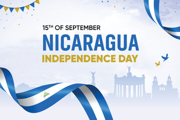 Nicaragua Flag Waving On Skyline Background. Independence Day Concept Design Vector Illustration.