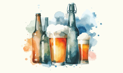 mug beer, free drink, watercolor mugs of beer, alcohol drinks, hand drawn illustration, watercolor mugs of beer