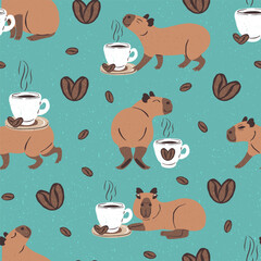 Seamless pattern with funny capybaras and coffee cups. Cute animals with coffee beans repeat design. Cartoon jungle animals background.