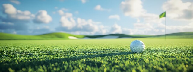 A golf ball rests on the green grass near a hole, with a flag in the background