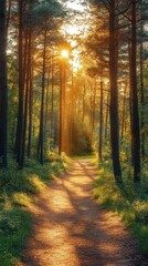 Scenic Forest Path in Lush Green Pine Trees