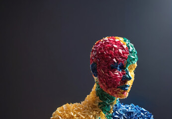 Colorful Sculptural Representation Of An Abstract Human Figure With Paper Elements In A Dark Studio...