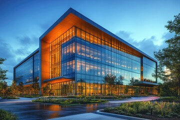 Fototapeta premium Modern Glass Building with Illuminated Windows and Landscaping at Dusk