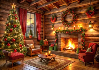 Warm Winter Spirit: Crackling fireplace, cozy cabin, rich red, festive glow, heartwarming joy