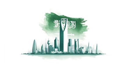 Saudi arabia national day poster illustration in watercolor style with modern city skyline. 