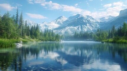 Tranquil Alpine Paradise: Clear Lake Reflecting Snow-Capped Peaks